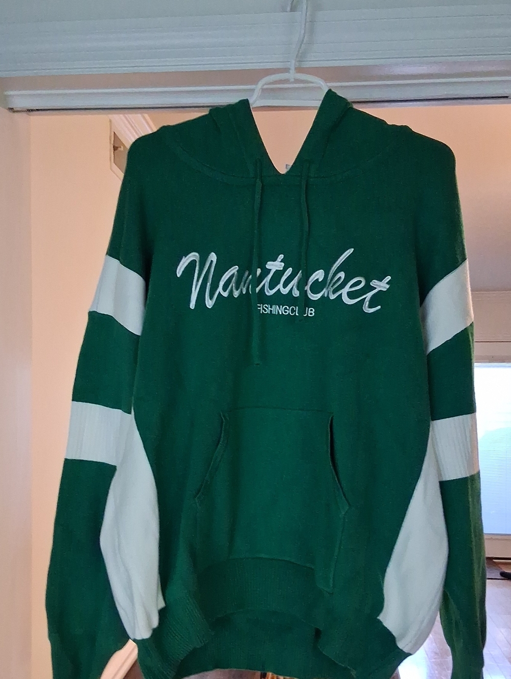 Nantucket Green Hooded Sweatshirt with White Sleeve Stripes